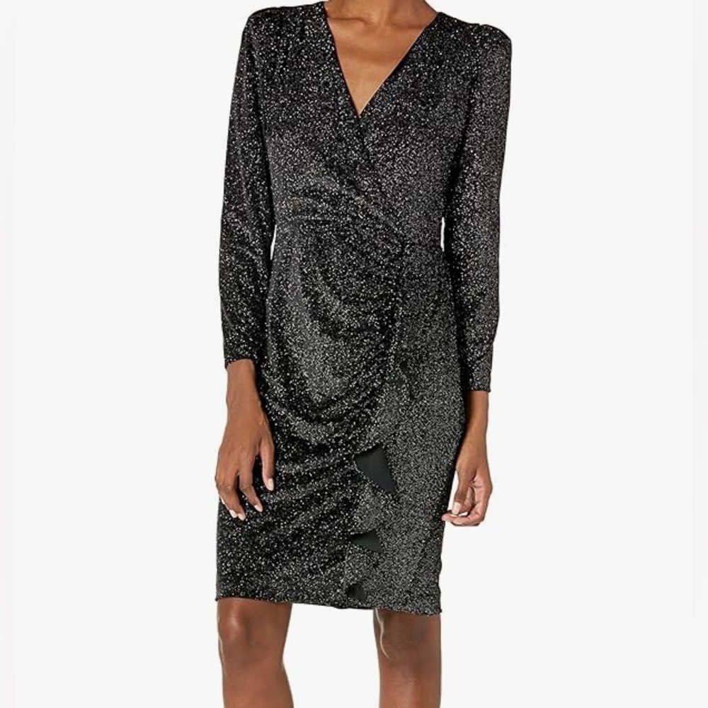 Calvin Klein Long Sleeve V-Neck Sheath with Ruffle Skirt Detail Dress Size 10